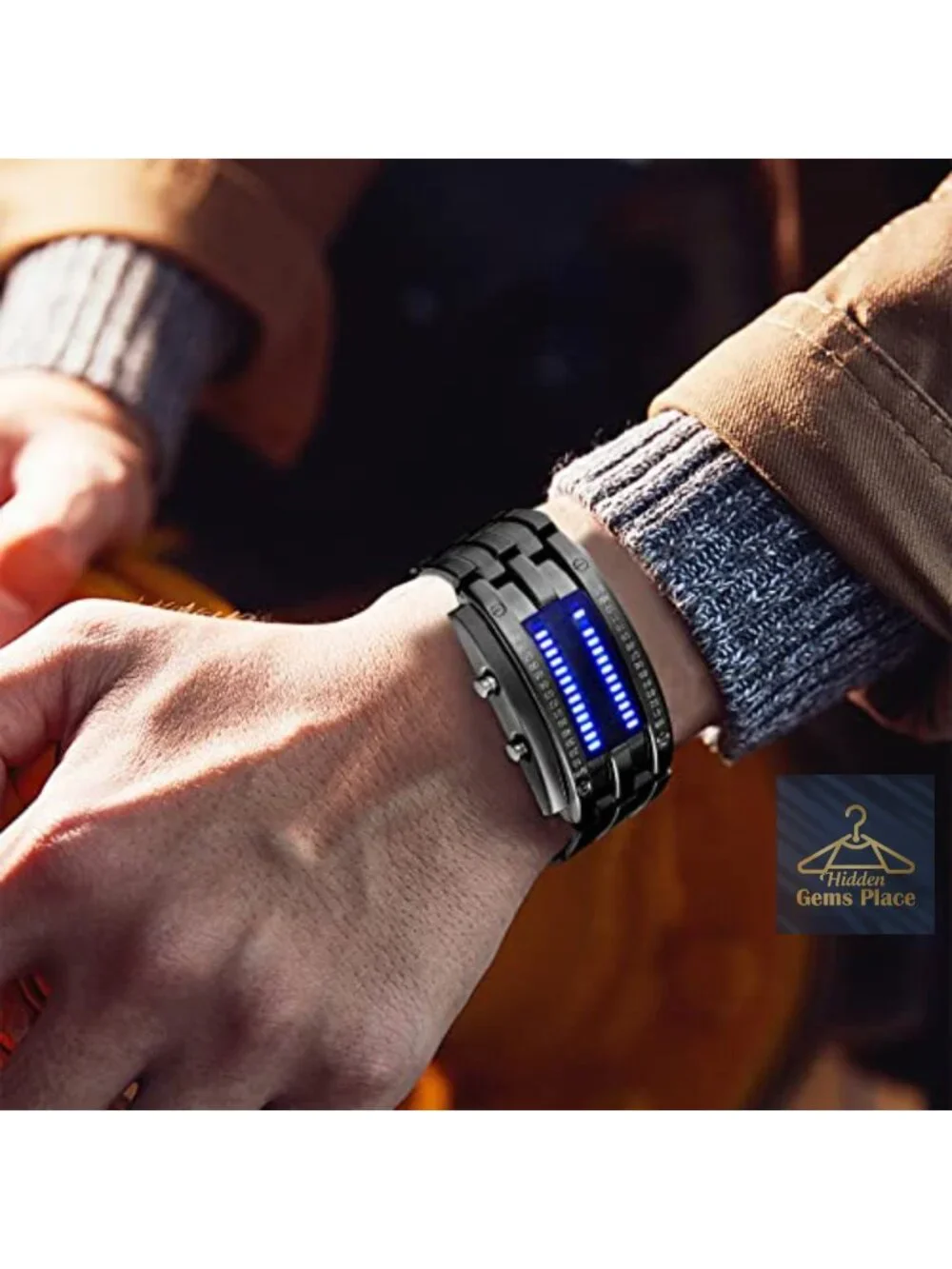 Mens Binary LED Digital Watch Black Stainless Steel Bracelet Quartz